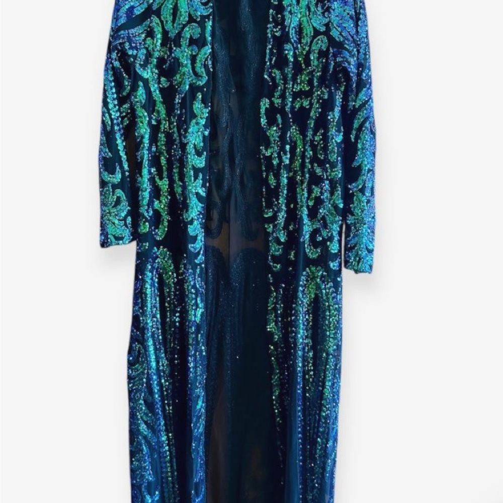 Sequin Embellished Longline Duster in Teal Blue - Picture 2 of 2